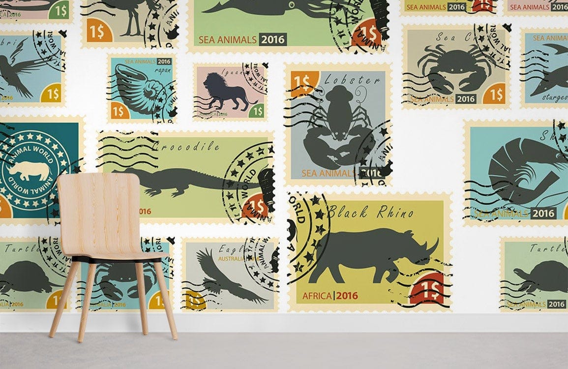 Vintage animal stamps wallpaper in a retro travel theme with light wood chair and grey flooring.