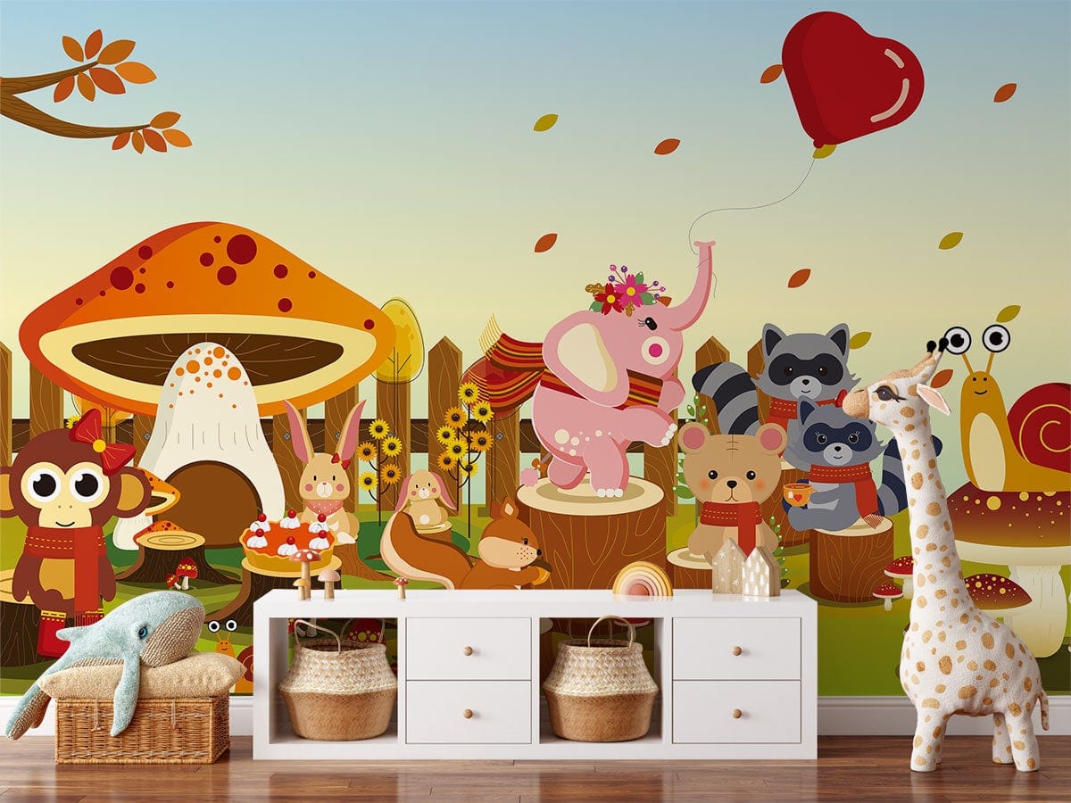 Playful Woodland Animal Adventure Mural Wallpaper, colourful animals, nursery setting, white storage unit, wooden floor.