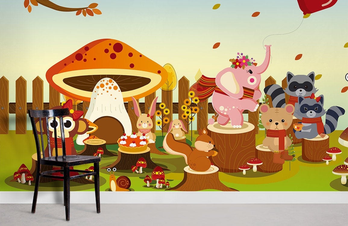 Playful woodland mural wallpaper features vibrant colours, black chair, wooden flooring in colourful children's room.