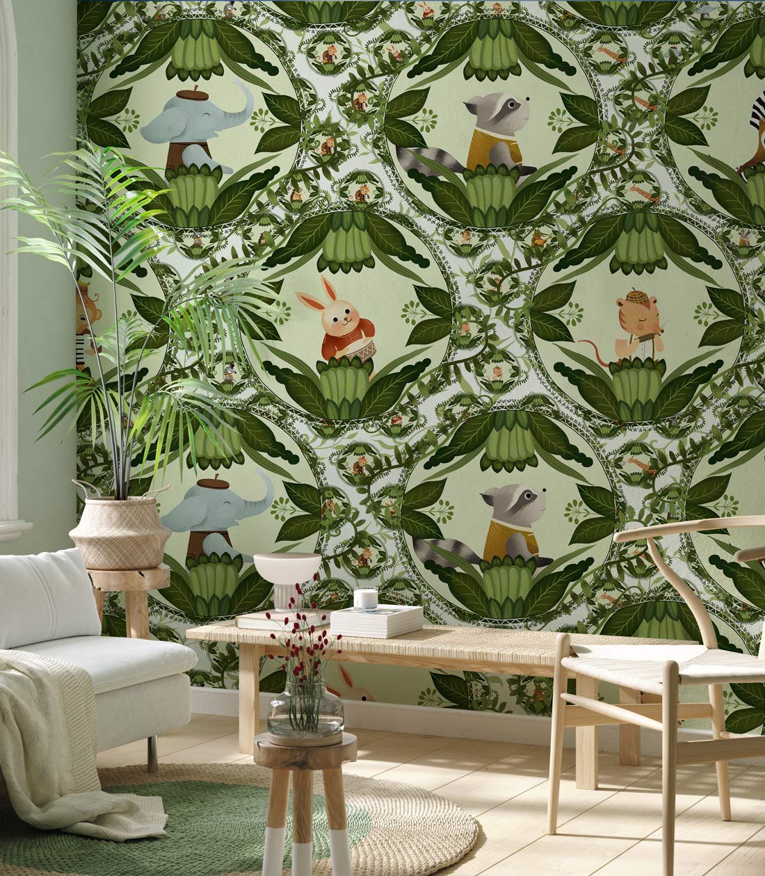 Whimsical jungle safari kids mural wallpaper with green pattern, beige sofa, natural wood chair, rug.