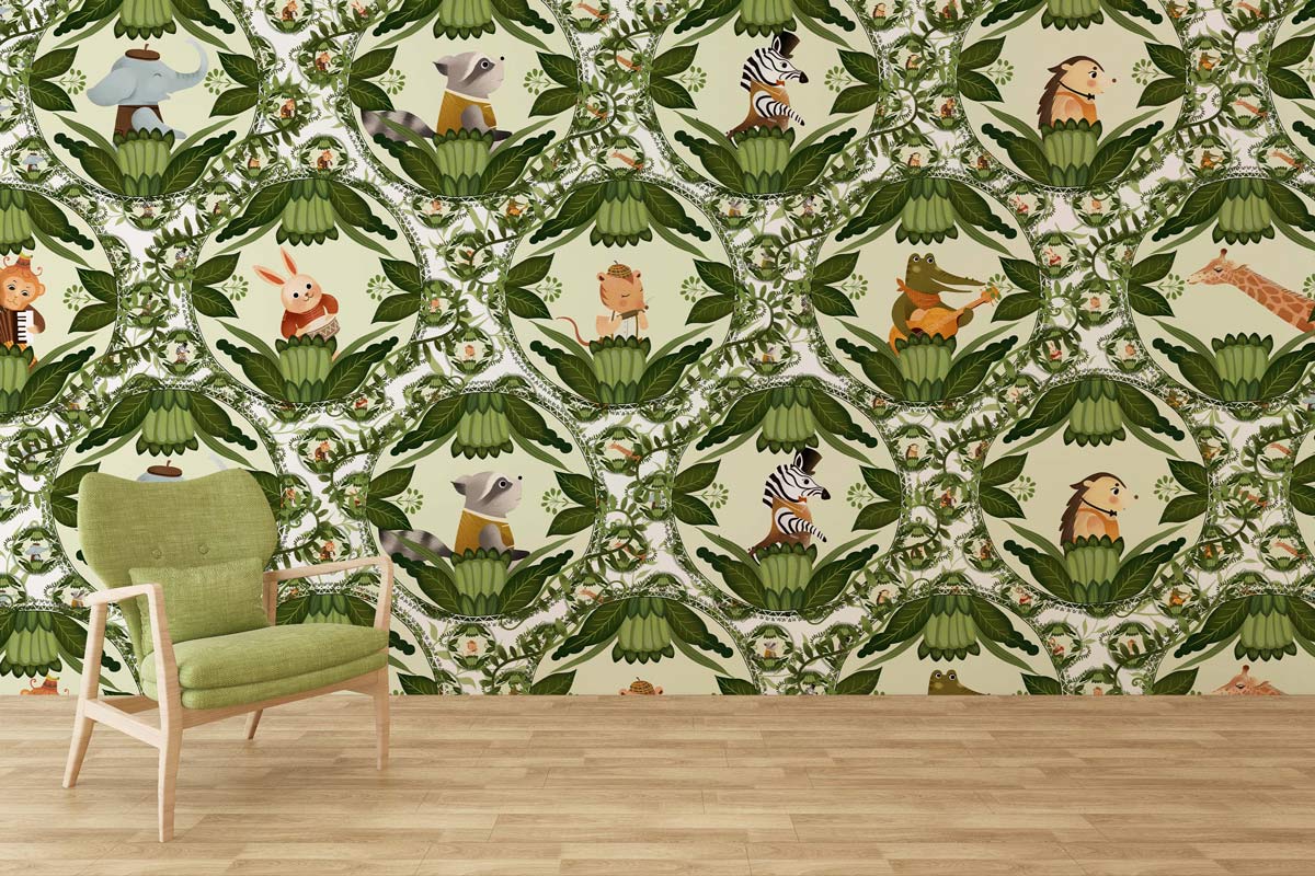 Whimsical Jungle Safari Animal Kids Mural Wallpaper in Green, with mid-century green chair, wooden flooring.