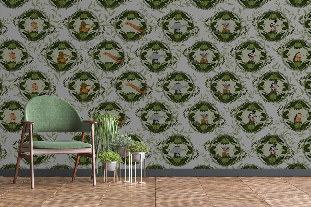Vintage woodland animal wallpaper in living room with green chair, wooden flooring, and botanical design.