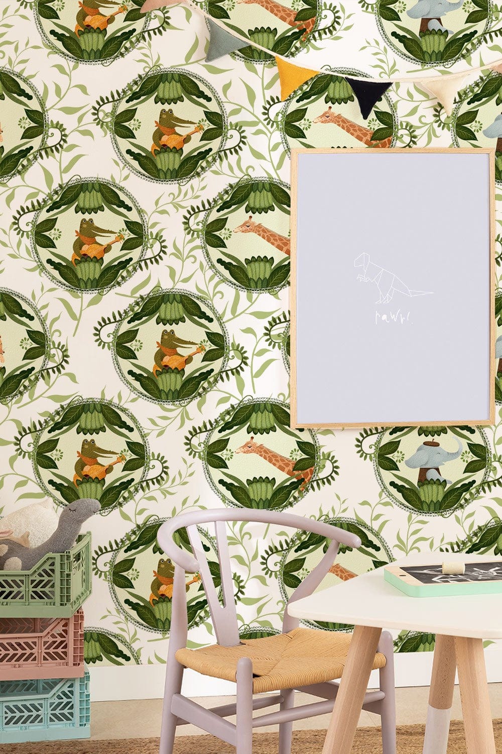 Vintage Woodland Animal Green Botanical Wallpaper in nursery with wooden chair and light rug flooring.