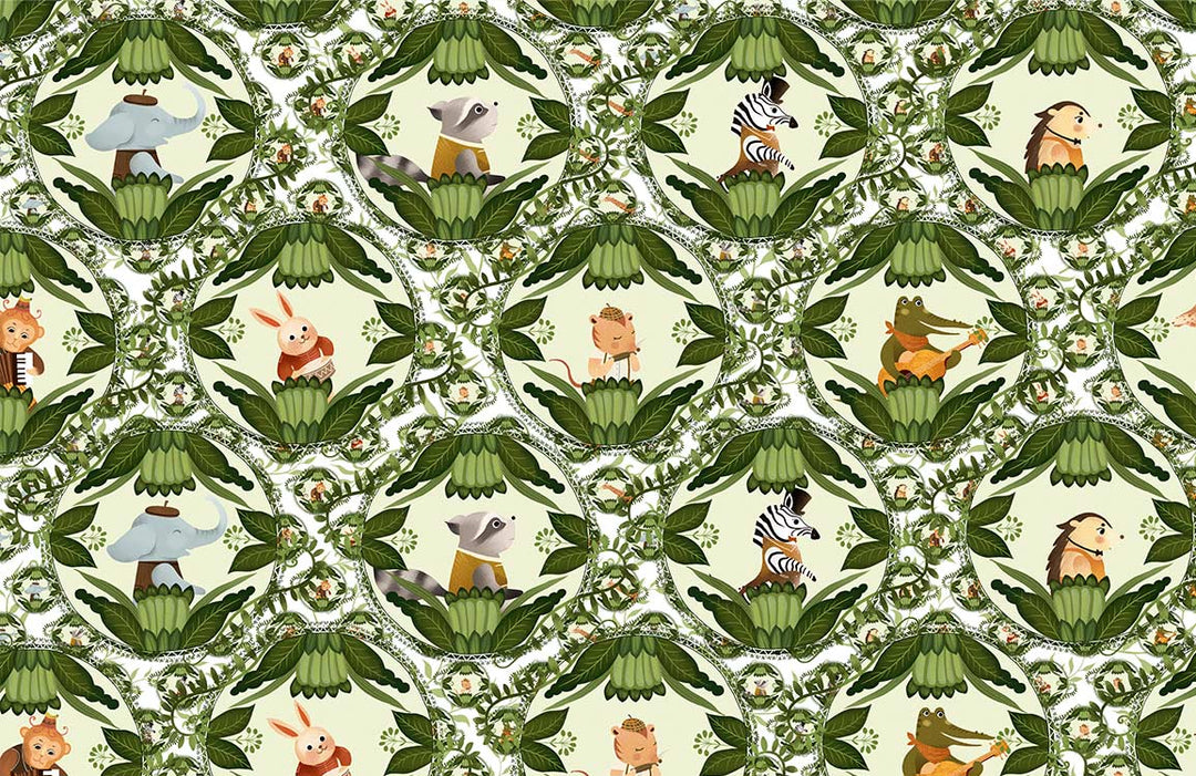 Whimsical Jungle Safari Animal Kids Mural Wallpaper in Green Pattern