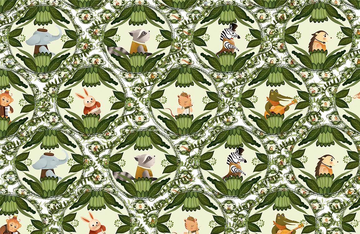 Whimsical Jungle Safari Animal Kids Mural Wallpaper in Green Pattern