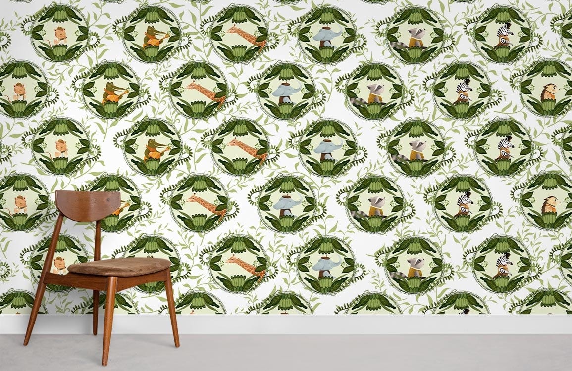 Vintage woodland animal botanical wallpaper with chair, green nature design enhances classic interior aesthetics.
