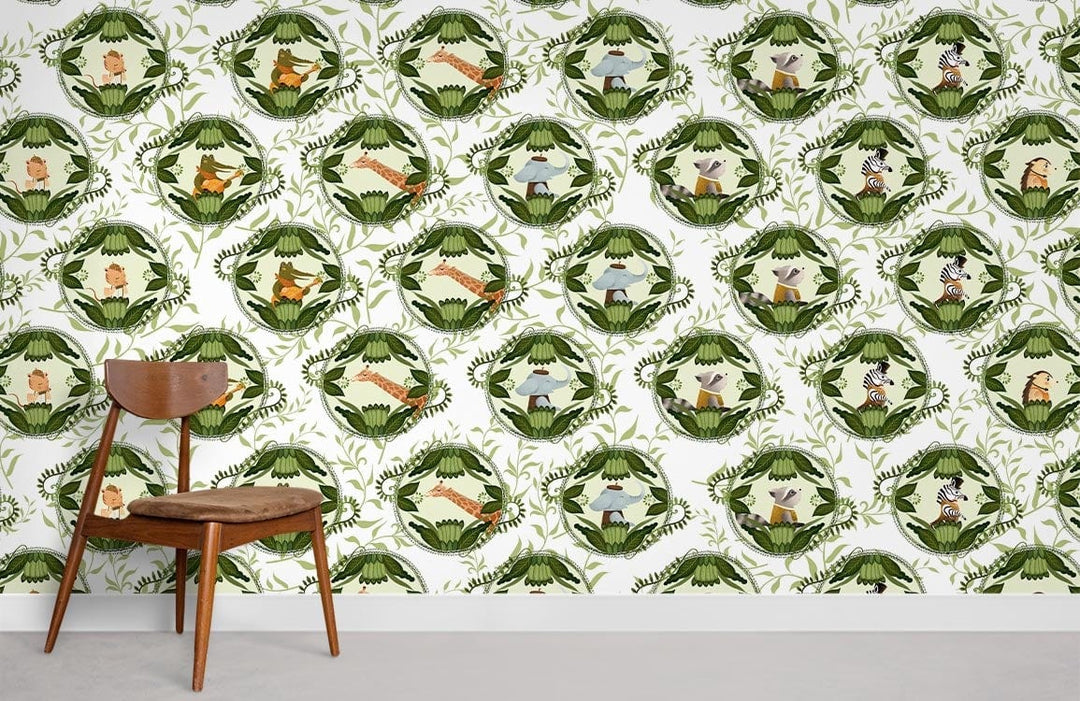Vintage woodland animal botanical wallpaper with chair, green nature design enhances classic interior aesthetics.
