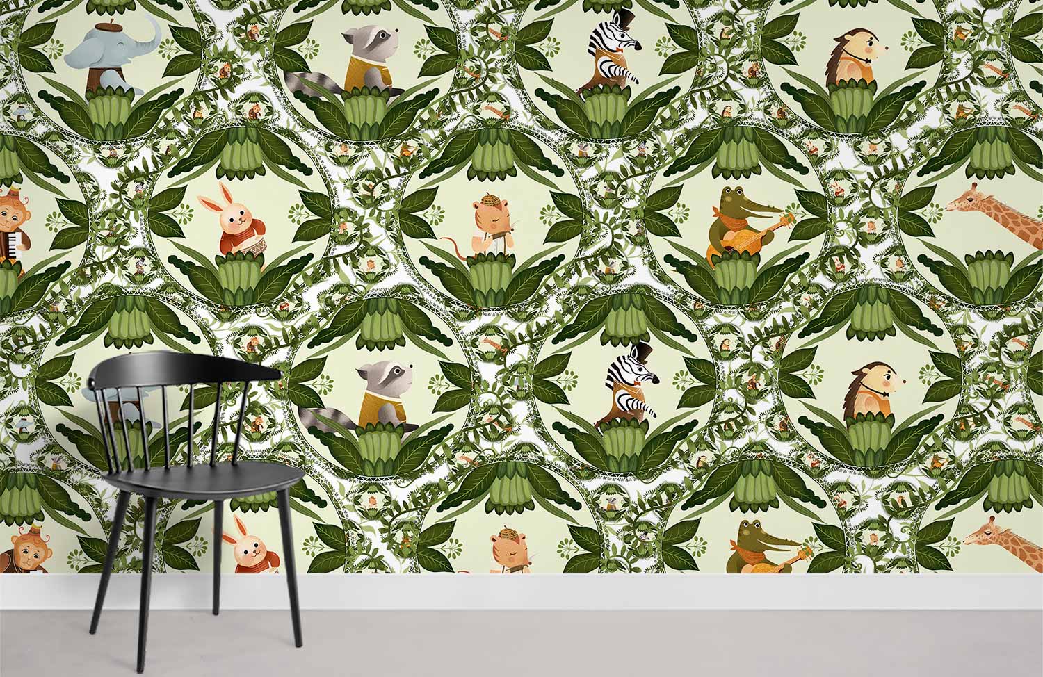 Whimsical Jungle Safari Animal Kids Mural Wallpaper in green pattern, with black chair, children's room.