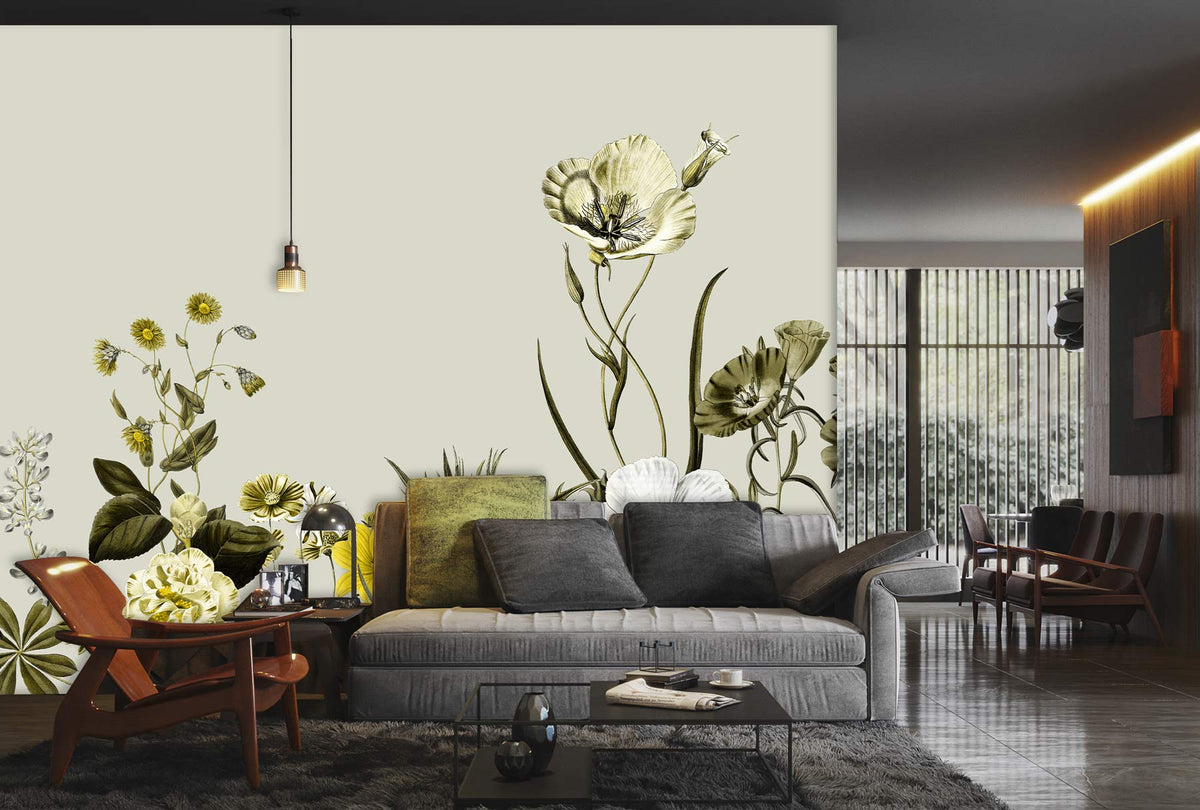 Botanical Floral Harmony Mural Wallpaper in soft green and yellow with grey sofa, modern living room.