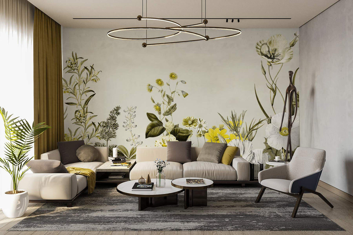 Botanical Floral Harmony Mural Wallpaper in soft green, yellow tones; contemporary living room with modern sofas.