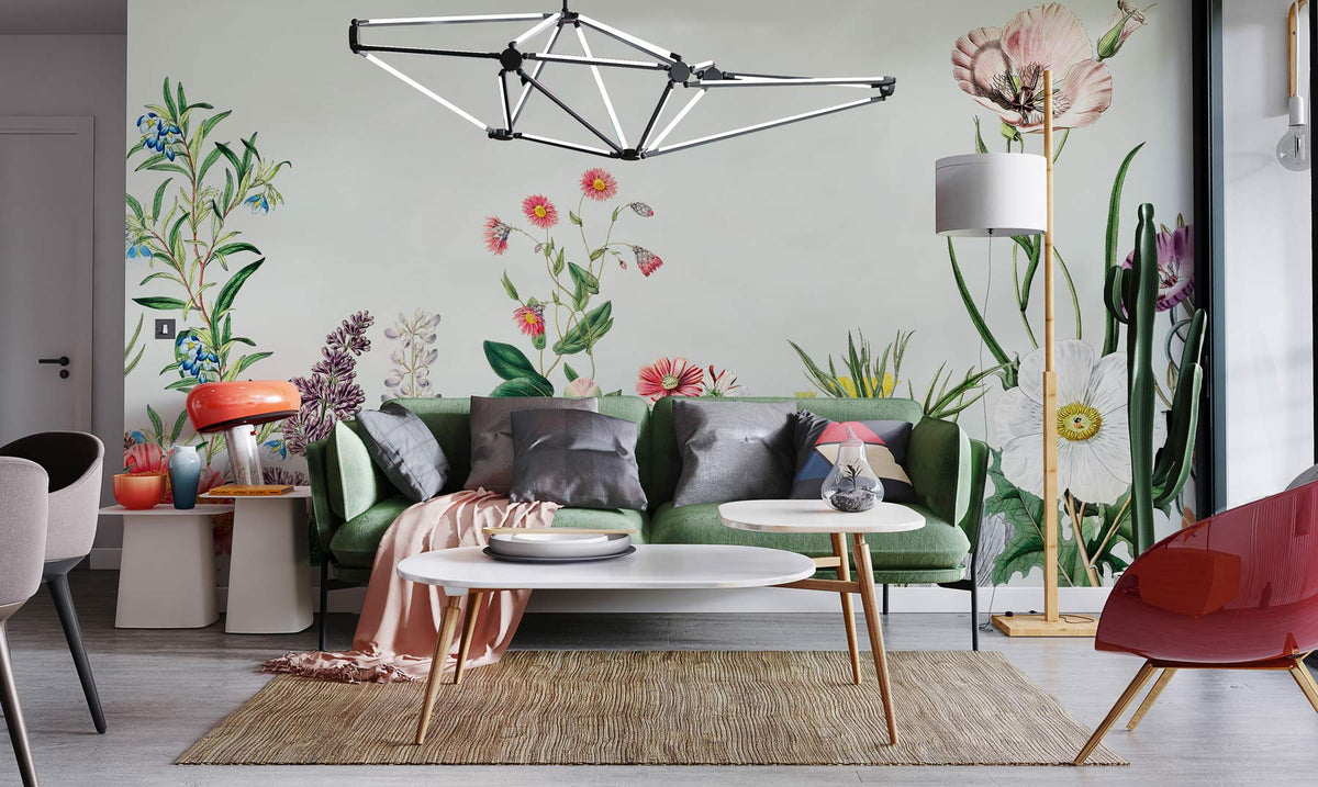 Vintage botanical floral mural wallpaper in pastel green, multicolour design; modern sofa, contemporary chandelier.