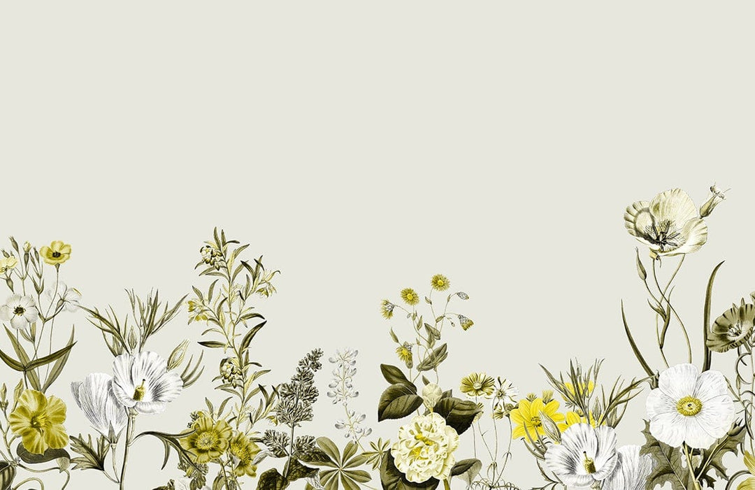 Botanical Floral Harmony Mural Wallpaper in Soft Green and Yellow Tones
