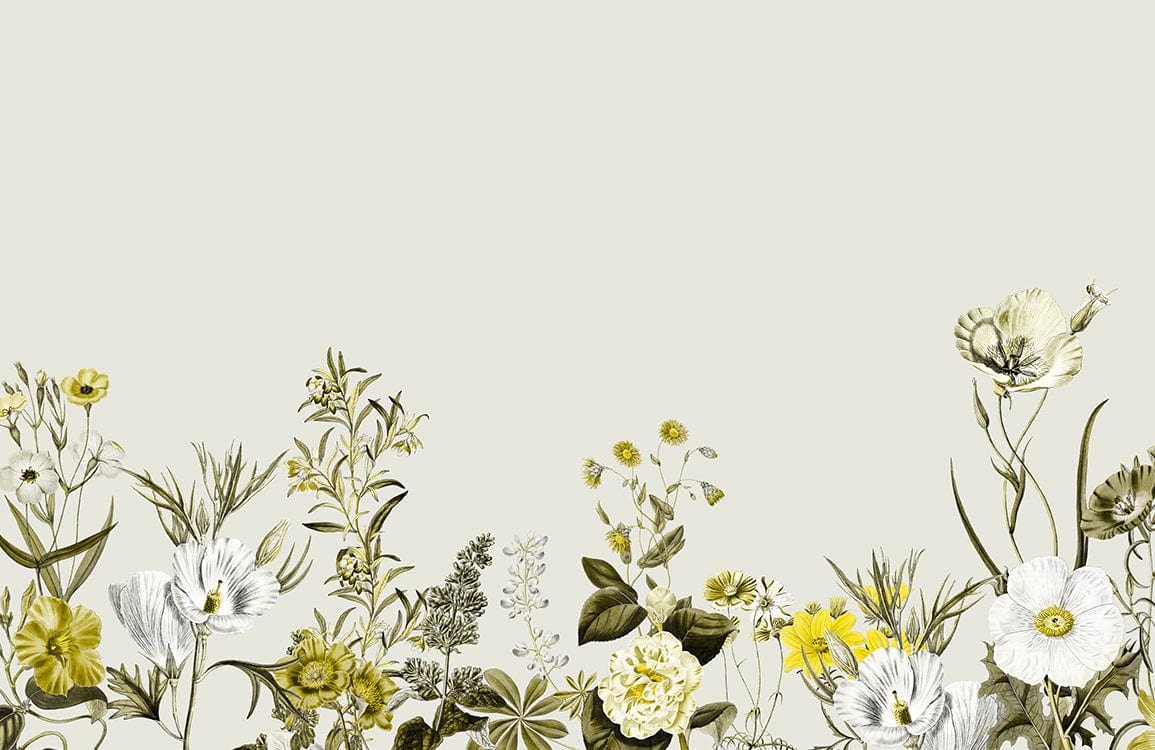 Botanical Floral Harmony Mural Wallpaper in Soft Green and Yellow Tones