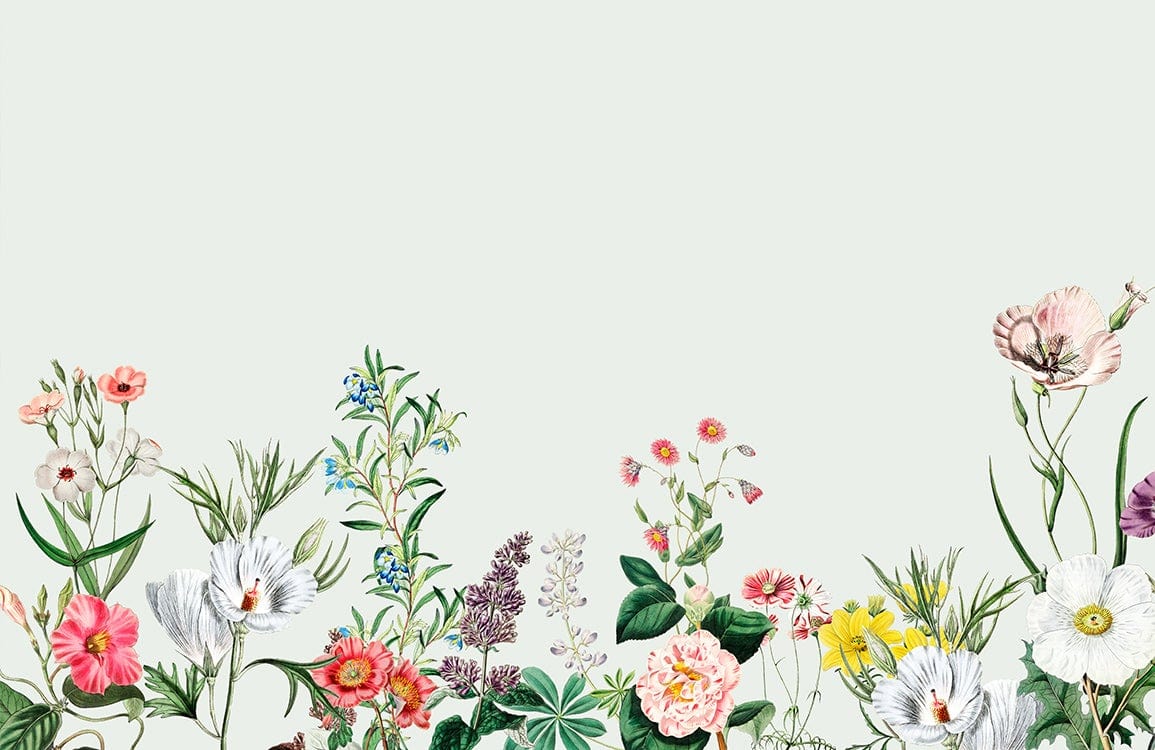 Vintage Botanical Floral Mural Wallpaper in Pastel Green and Multicolour Design