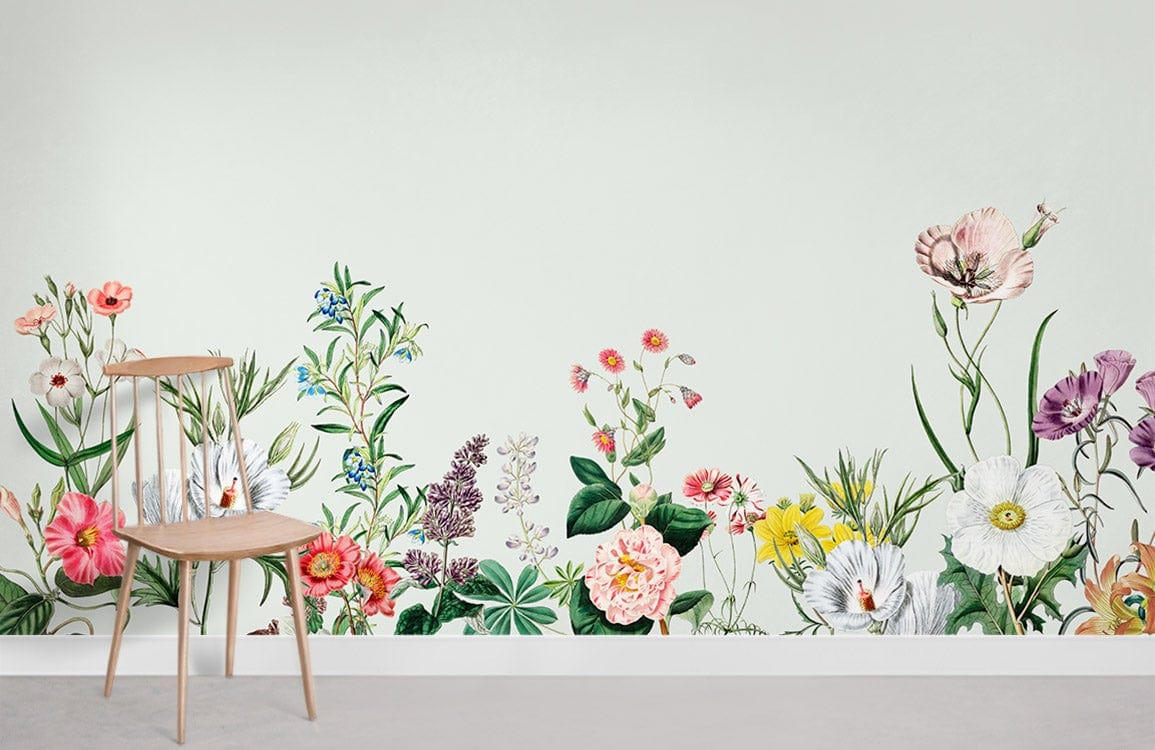 Vintage botanical floral mural wallpaper, pastel green, multicolour design, wooden chair, light flooring.