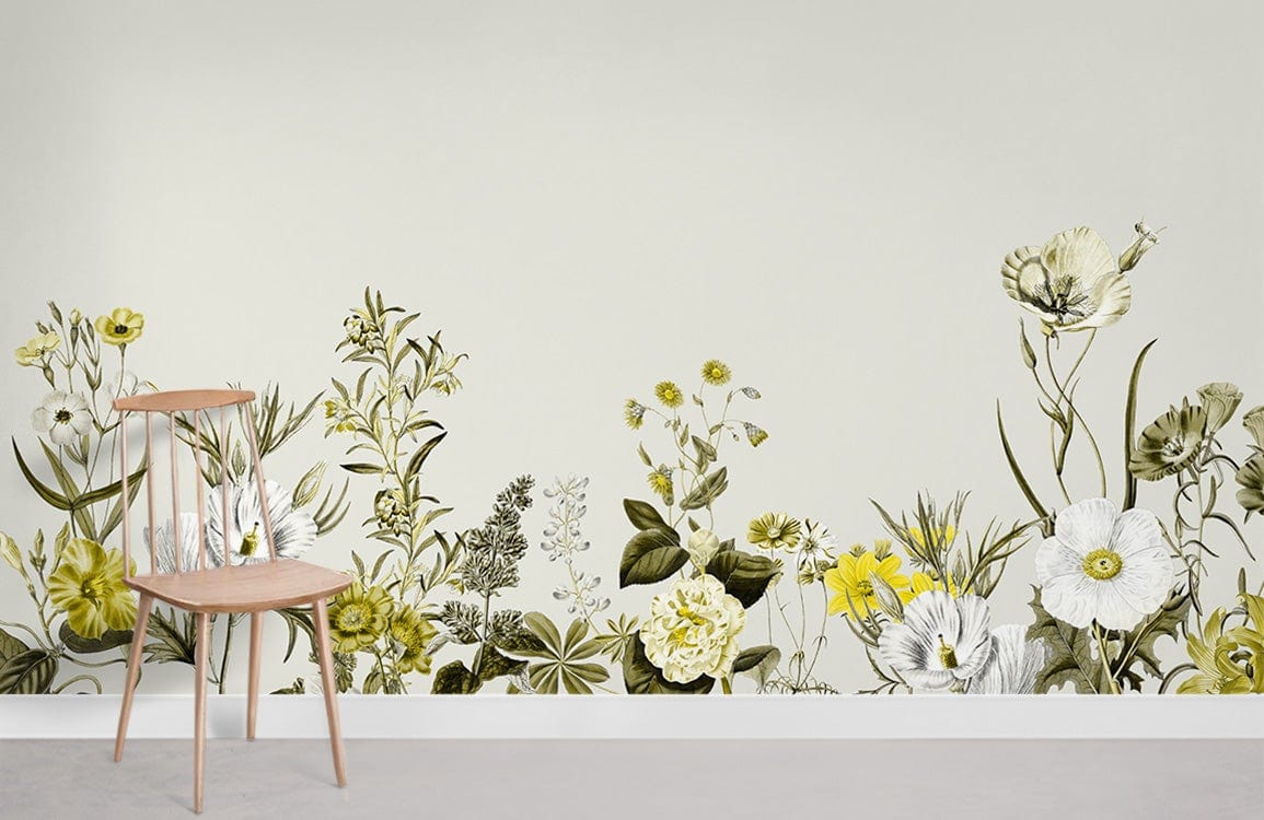 Botanical Floral Harmony Mural Wallpaper; soft green; yellow tones, wooden chair; grey flooring.