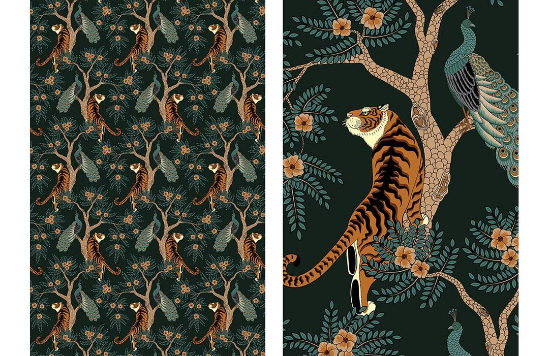 Tropical Jungle Wildlife Dark Green Mural Wallpaper with Tigers and Peacocks