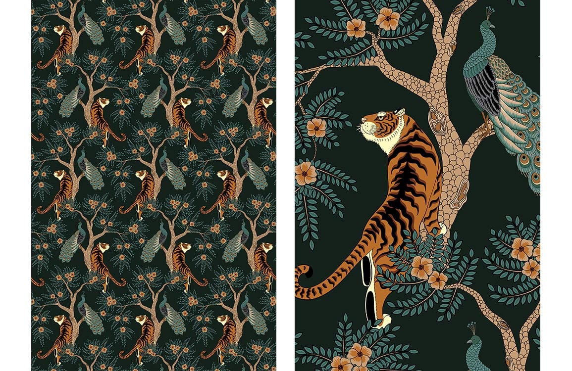 Tropical Jungle Wildlife Dark Green Mural Wallpaper with Tigers and Peacocks