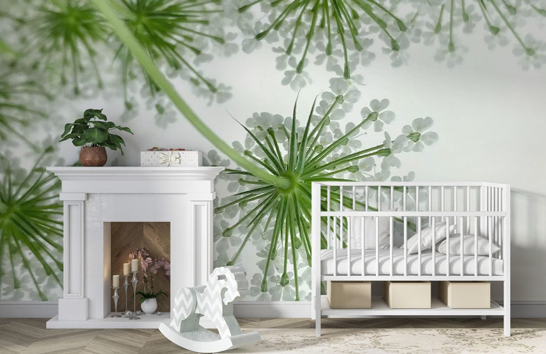 Serene Green Floral Burst Wallpaper in nursery with white cot, fireplace, and floral decor elegance.