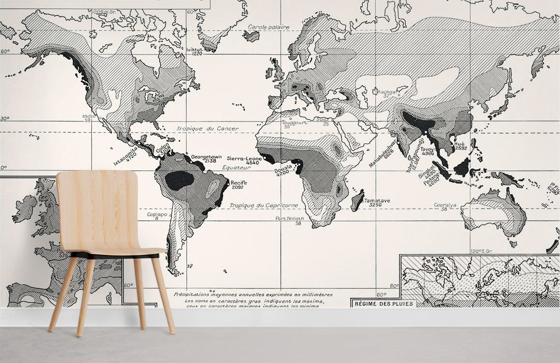 Vintage Monochrome World Map Wallpaper, wooden chair, light grey flooring, minimalist room Décor.