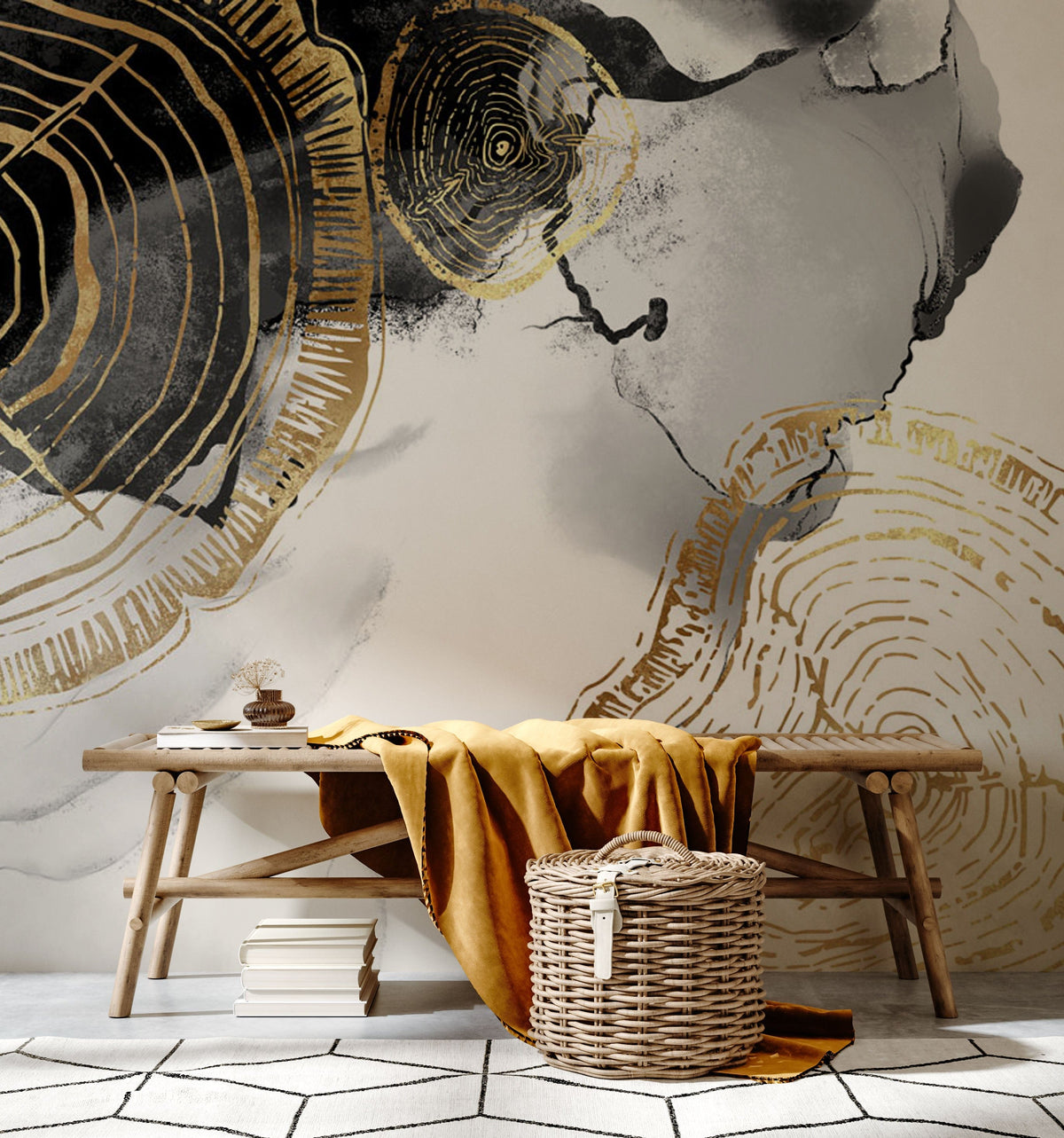 Elegant Gold and Black Abstract Tree Rings Wallpaper, wooden bench, geometric rug, modern decor accents.
