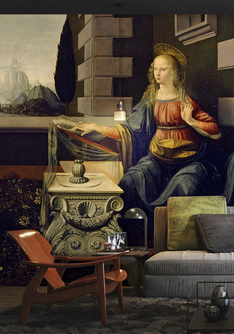 Renaissance art mural wallpaper featuring angelic scene with classic sofa, modern armchair, grey carpet flooring.