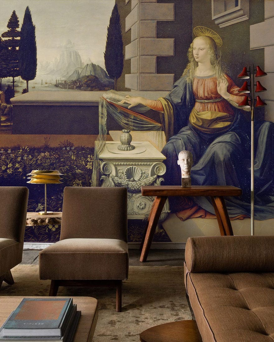 Renaissance Art Mural Wallpaper featuring classic angelic scene, brown sofa, elegant wood tables, chic decor.