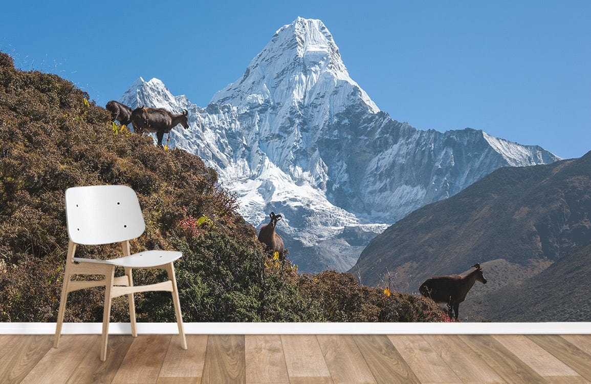 Stunning Himalayan mural with goats, wooden flooring, white chair, vibrant natural colours, mountain view.