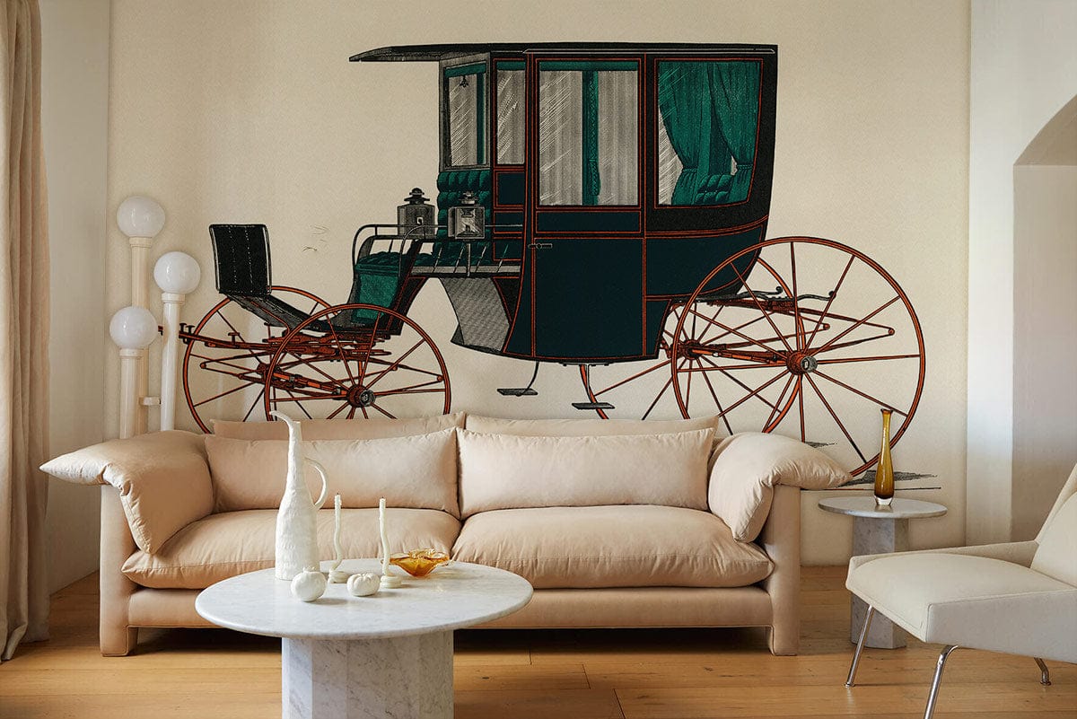 Vintage carriage artwork on wallpaper, teal and red, Victorian style. Beige sofa, wooden flooring, elegant.
