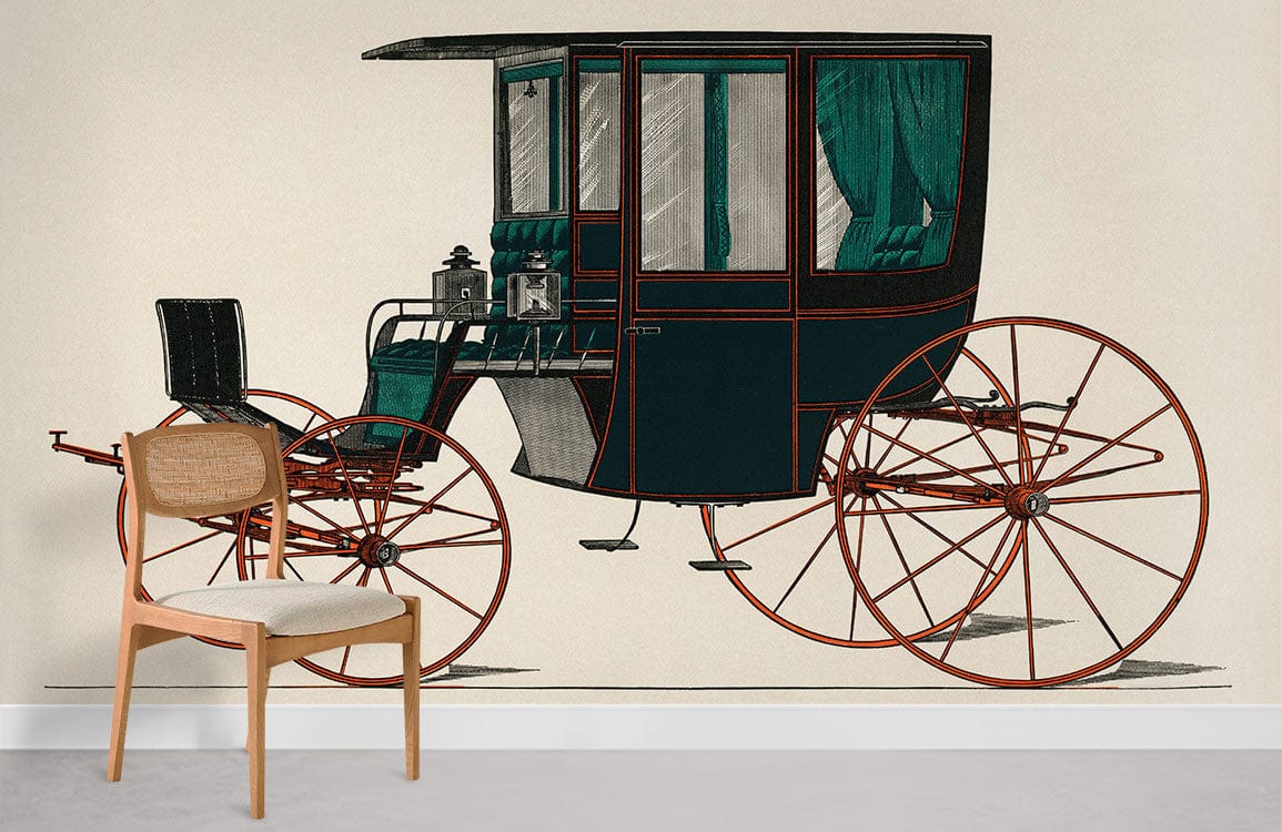 Vintage carriage teal wallpaper with elegant red accents; wooden chair, neutral floor, Victorian style.
