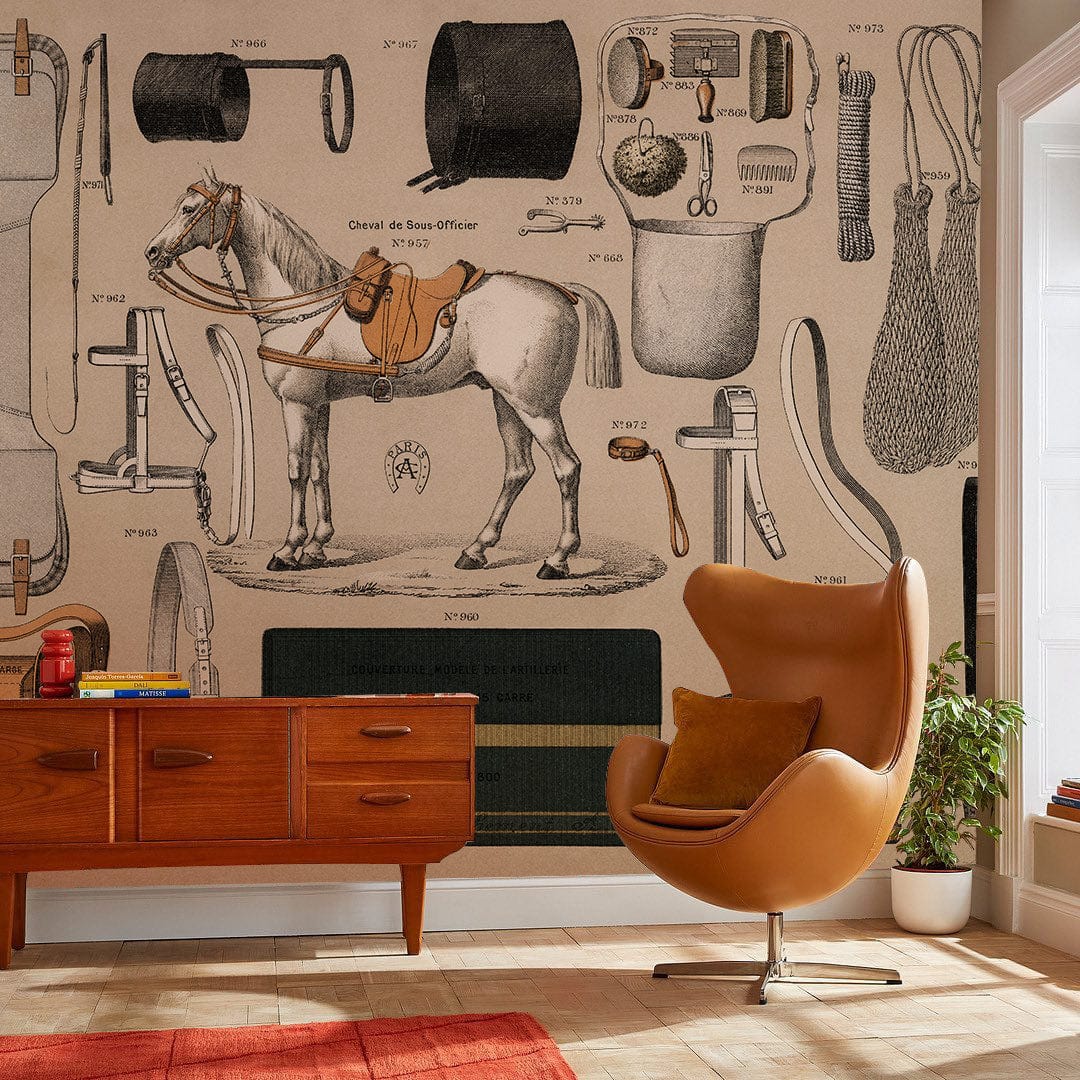 Vintage equestrian supplies wallpaper decor in beige, stylish room with mid-century sideboard, modern chair.