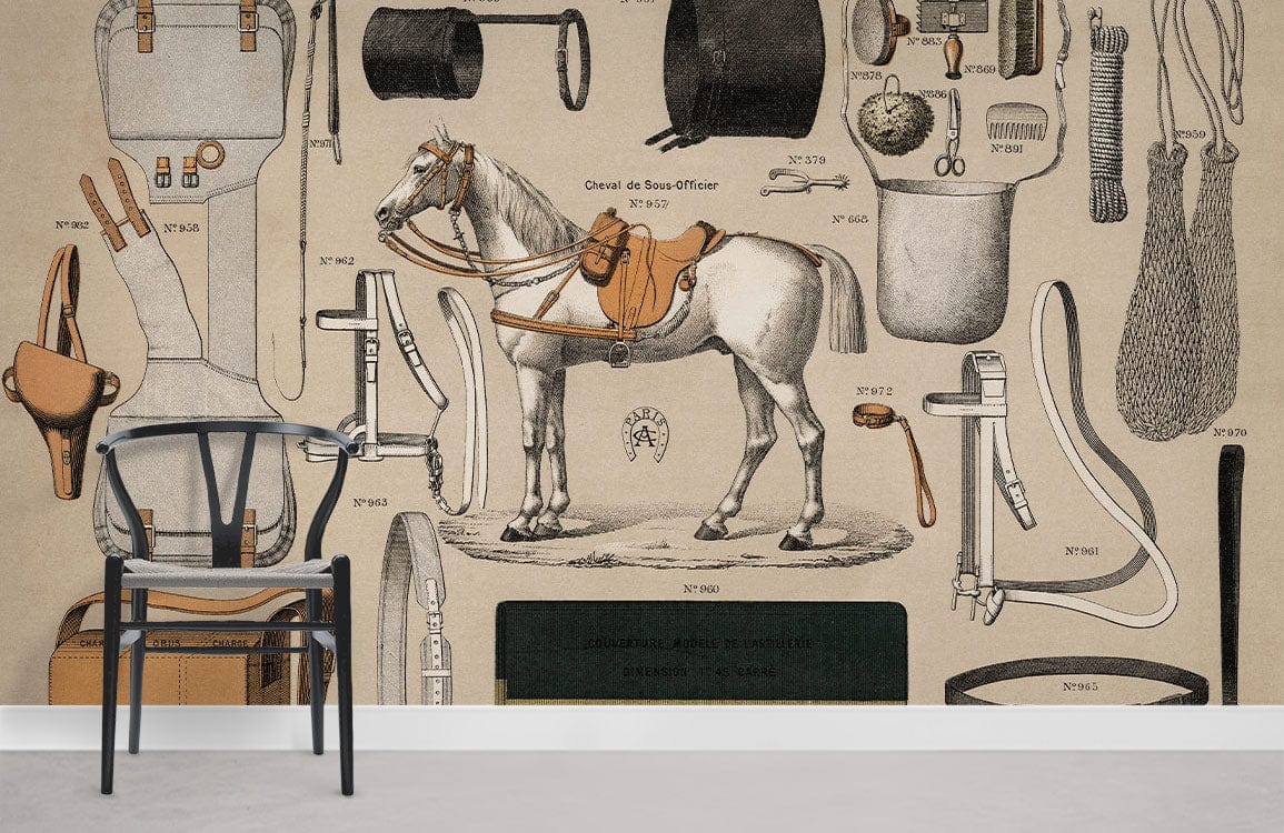 Alt text: Vintage Equestrian Supplies Mural Wallpaper in beige, with modern black chair and white plinth base.