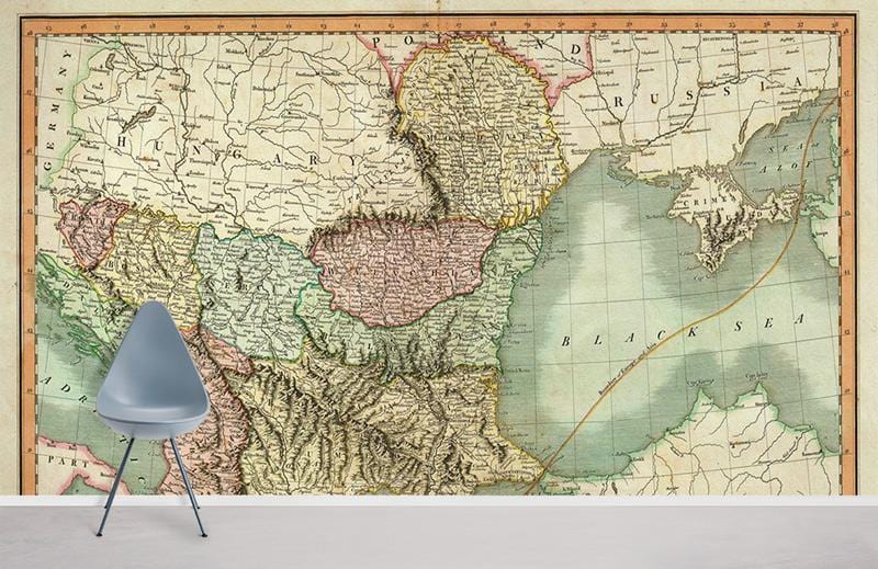 Vintage European map mural wallpaper: antique style with chair; earthy tones; classic decor; wall mural.