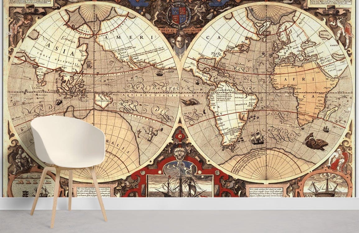 Vintage World Map Mural Wallpaper with Earth-Tone Elegance, white chair, and grey flooring, wall art.