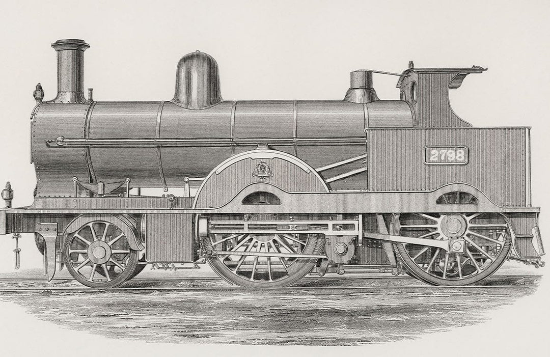 Victorian Steam Train Vintage Mural Wallpaper in Monochrome Illustration Style