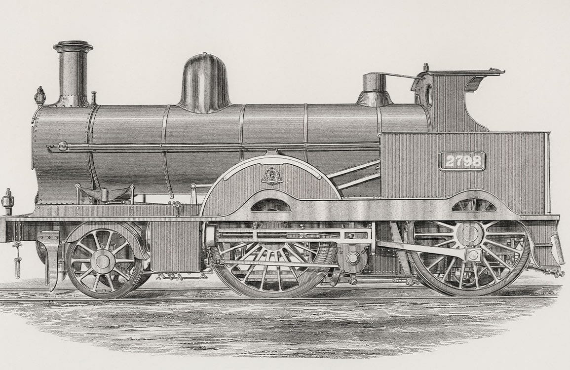 Victorian Steam Train Vintage Mural Wallpaper in Monochrome Illustration Style