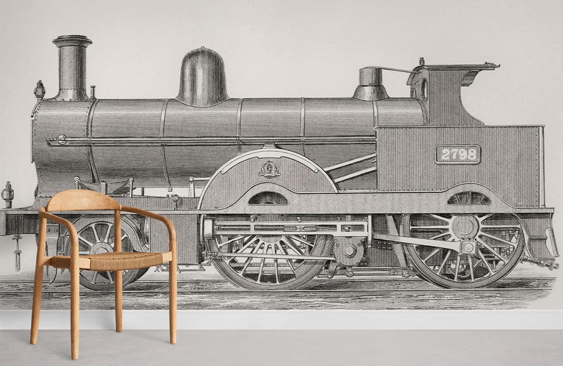 Victorian Steam Train Vintage Mural Wallpaper, monochrome illustration style, wood chair, light grey flooring.