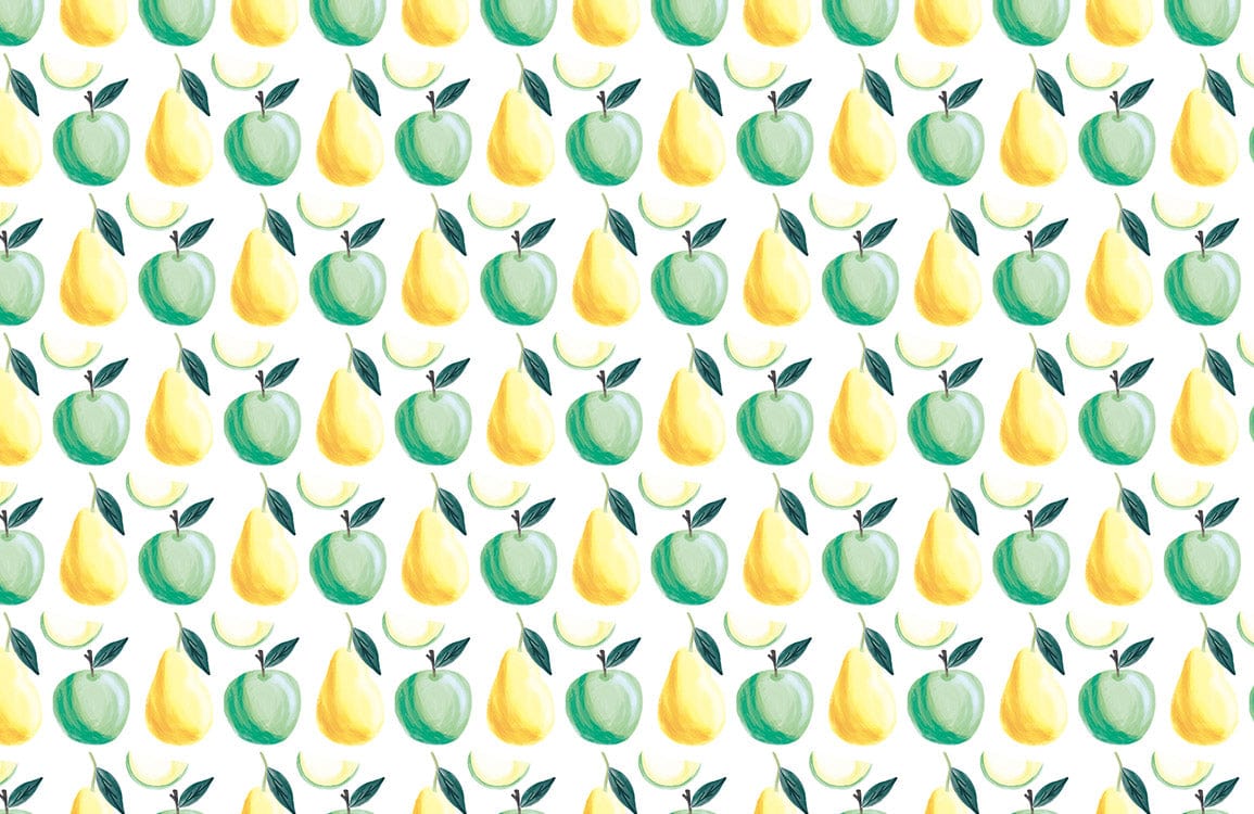 Fresh Green Apple and Yellow Pear Watercolour Pattern Wallpaper Design