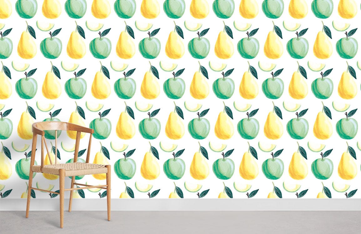 Fresh Green Apple and Yellow Pear Watercolour Wallpaper, wooden chair, grey flooring in modern room.