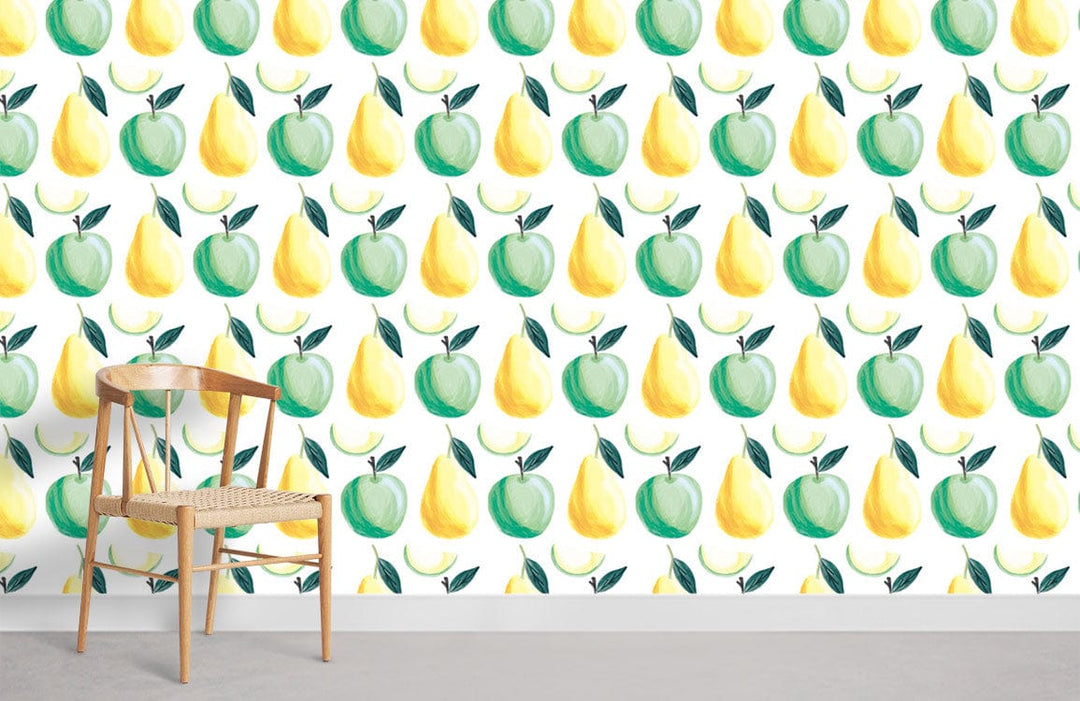 Fresh Green Apple and Yellow Pear Watercolour Wallpaper, wooden chair, grey flooring in modern room.