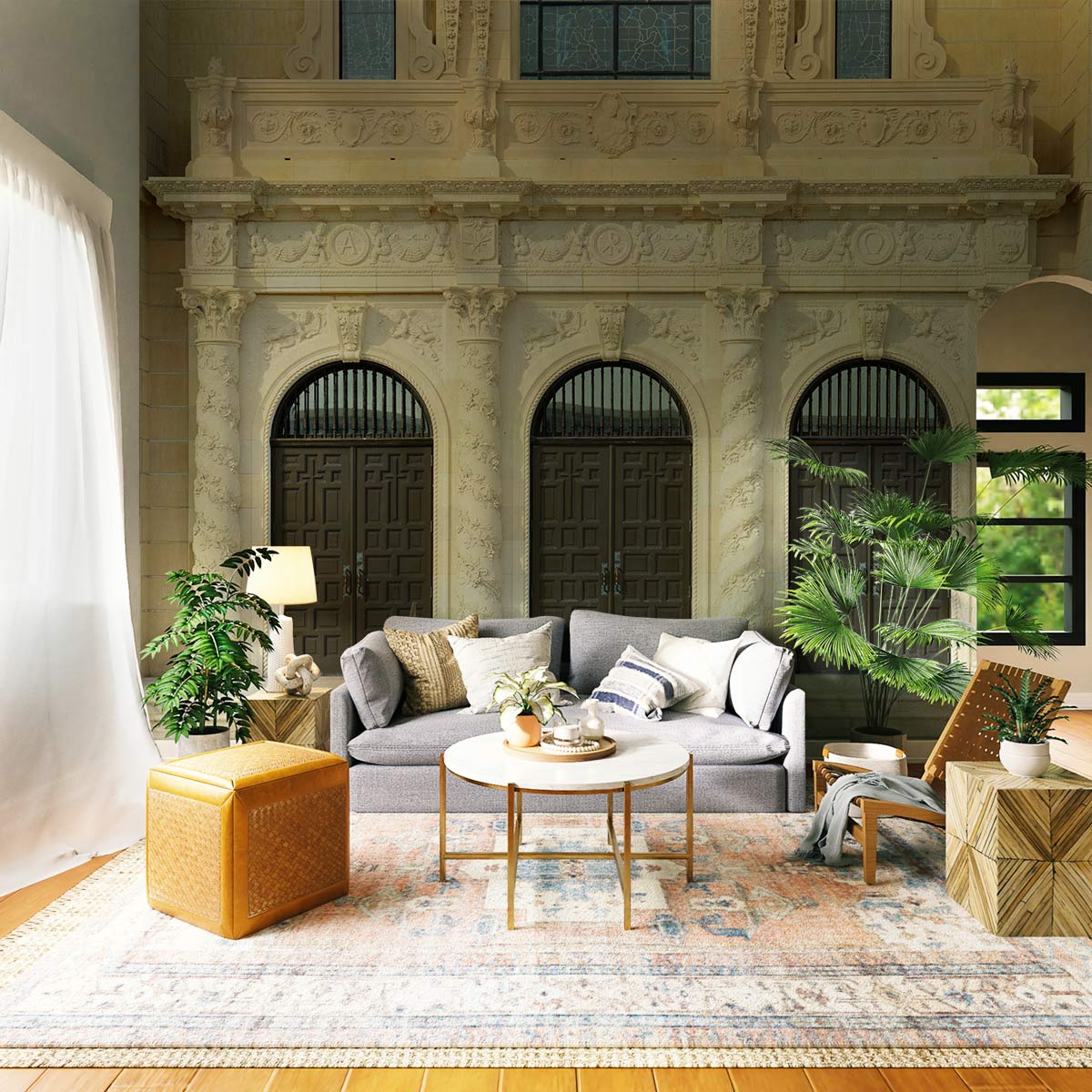 Elegant Cream Baroque Archway Mural enhances classic living room with grey sofa, patterned rug, and greenery.