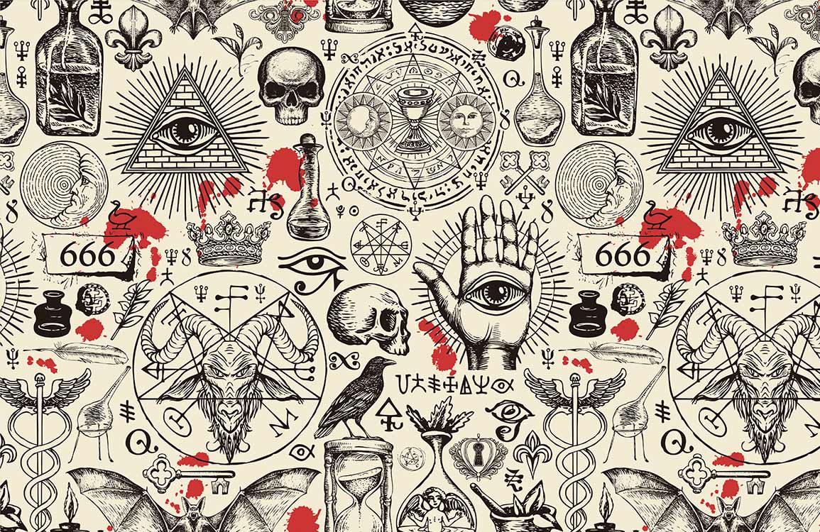 Vintage Occult Themed Wallpaper in Black and Red Mystical Design