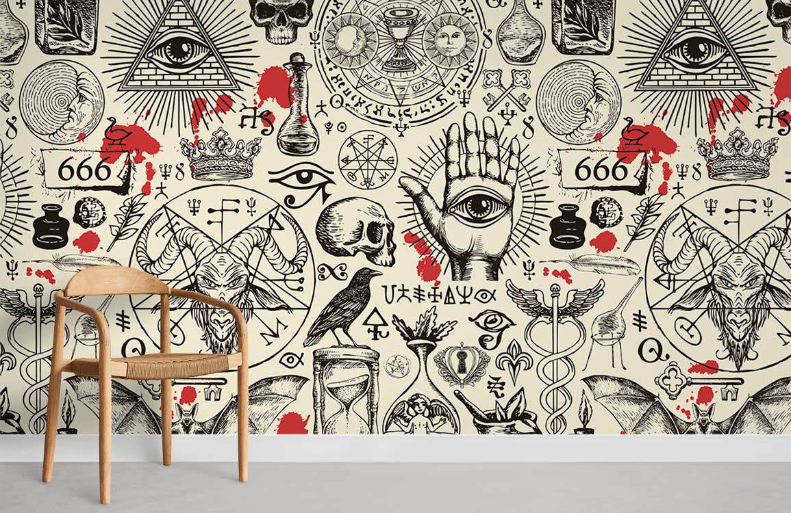 Vintage occult-themed wallpaper in mystical black and red design, wooden chair, grey flooring, living room.