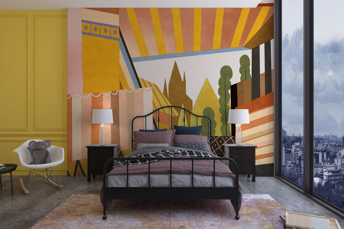 Bold Geometric Abstract Mural Wallpaper in bedroom with black metal bed, yellow wall, grey flooring.