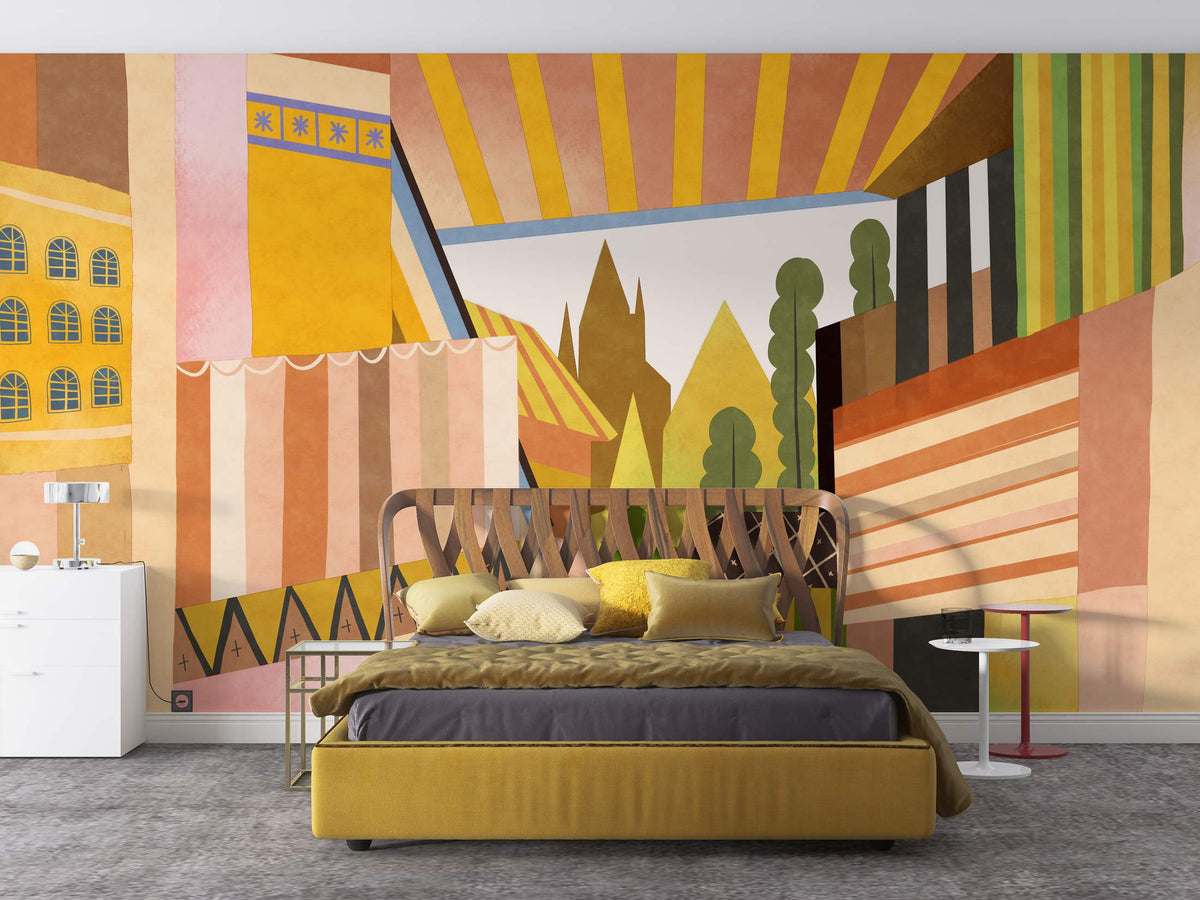 Bold geometric abstract mural wallpaper in vibrant earthy tones, stylish bedroom with modern grey carpet.