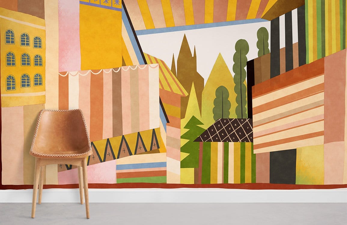 Bold Geometric Abstract Mural Wallpaper with earthy tones, leather chair, minimalist room, concrete flooring.