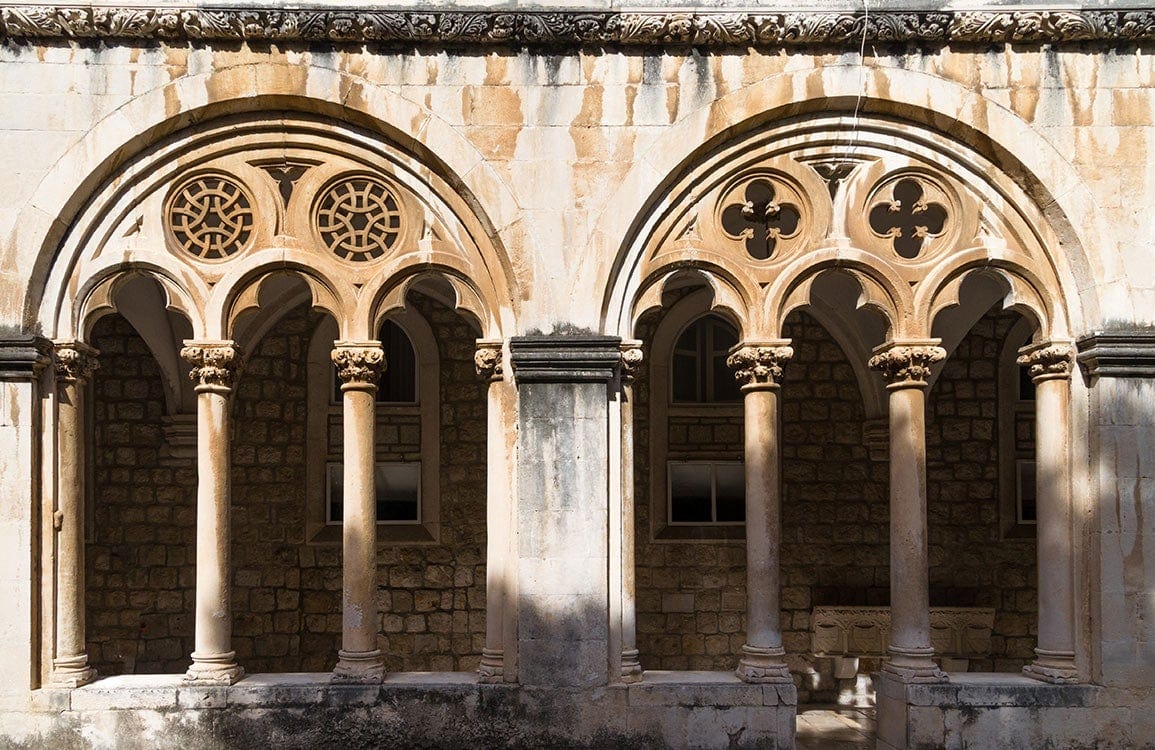 Medieval Architectural Arches Beige Stone Texture Mural Wallpaper Design
