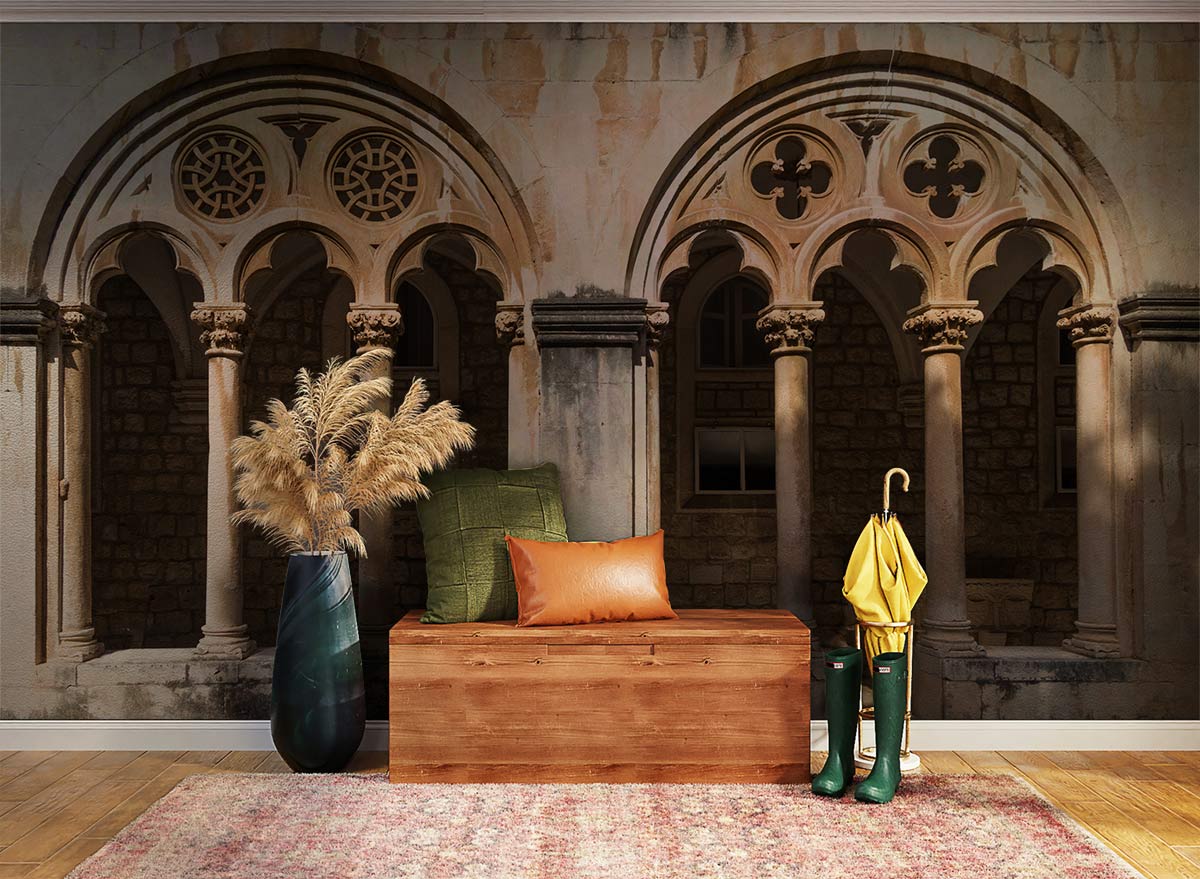Medieval architectural arches wallpaper featuring beige stone texture, wooden bench, and green decor in hallway.