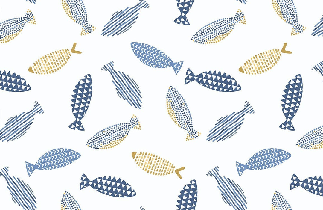 Blue and Gold Geometric Fish Pattern Nautical Wallpaper Design