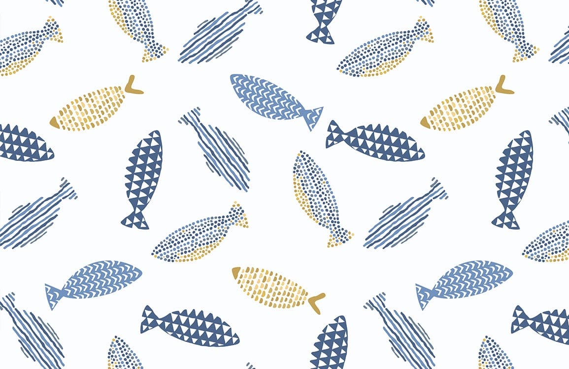 Blue and Gold Geometric Fish Pattern Nautical Wallpaper Design